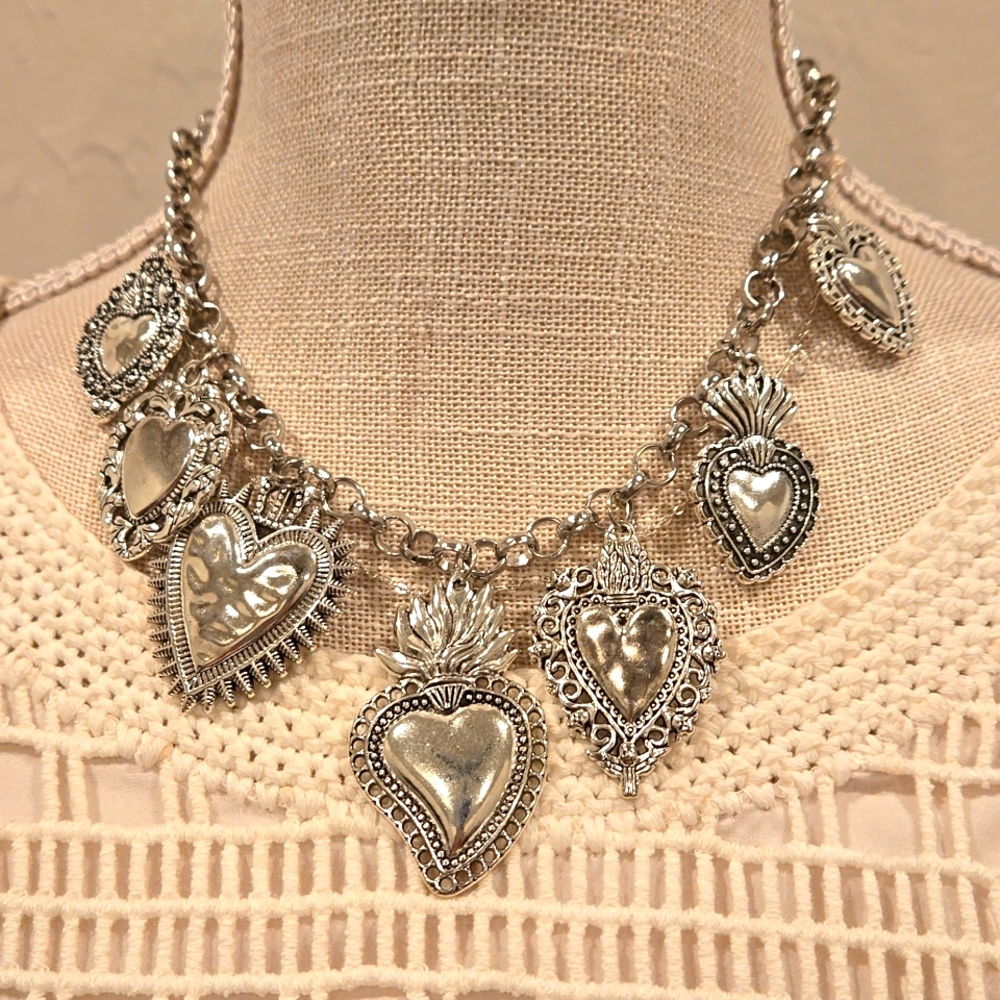 Dangle hearts boho necklace  silvertone rolo chain. Great gift or gift to self.